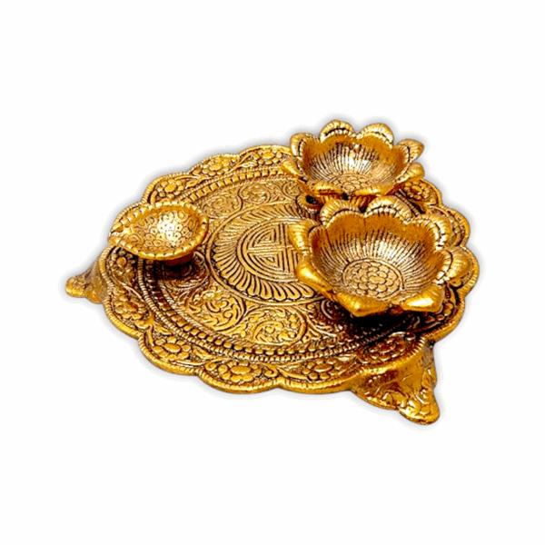 Metal Pooja Thali - Traditional Pooja Thali with 2 Vatis and Diya - Pooja Plate for Diwali - Image 2