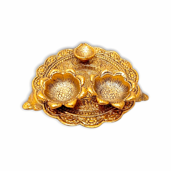 Metal Pooja Thali - Traditional Pooja Thali with 2 Vatis and Diya - Pooja Plate for Diwali - Image 3