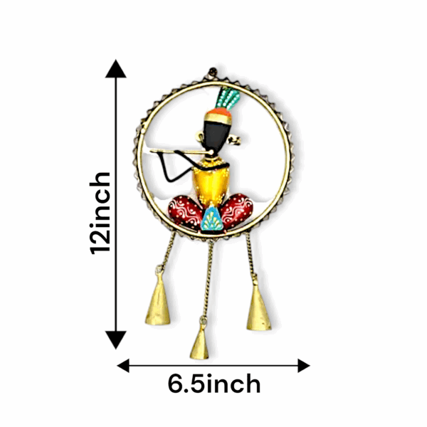 Metal Krishna Wall Hanging with Bells - Handcrafted Decorative Art - For Home, Office, Temple Decoration & Pooja Purpose - Image 2