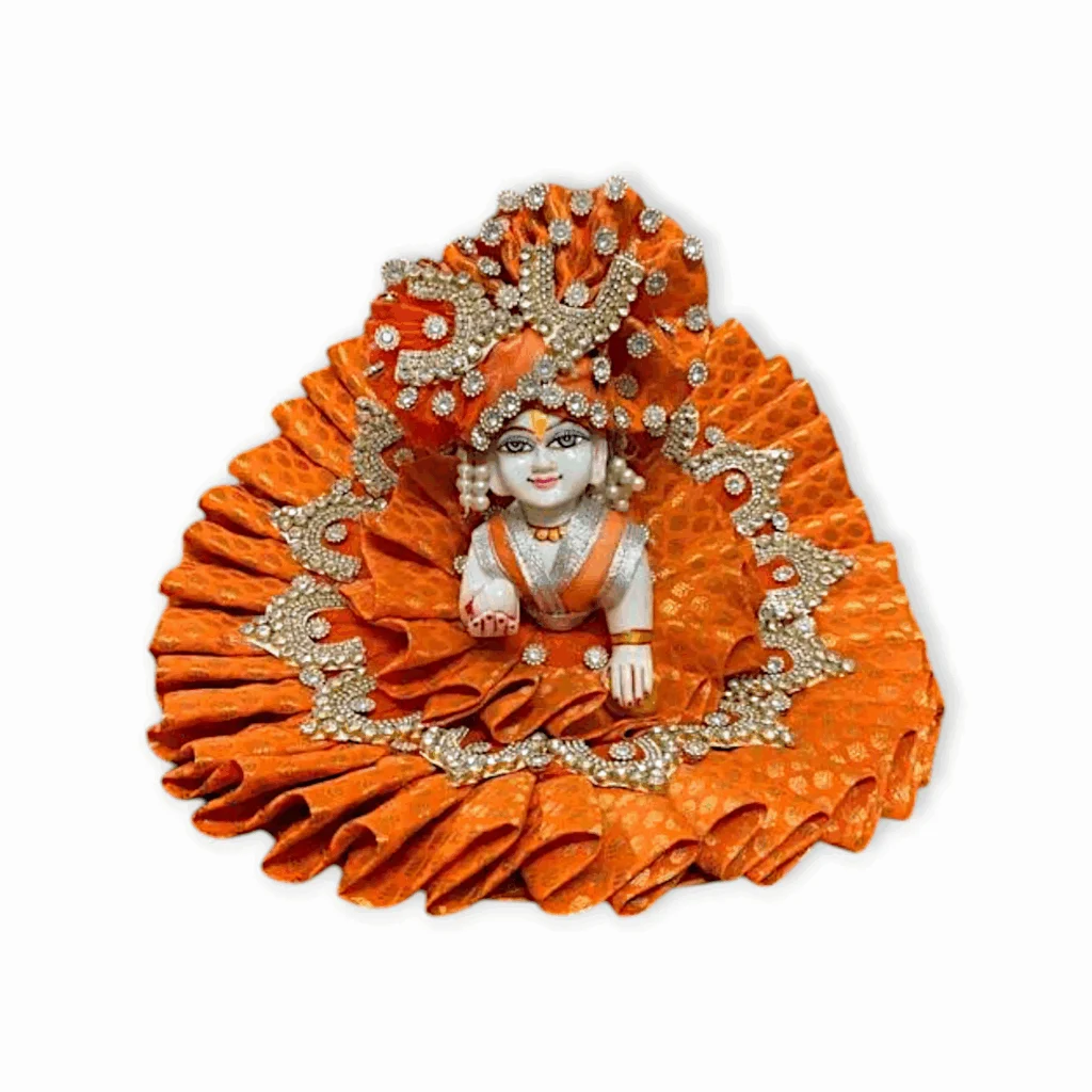 5 No Krishna Thakur Banarasi Dress - Laddu Gopal Ji Drass With Beautiful Mukut in Orange Colour - For 5 no Laddu Gopal