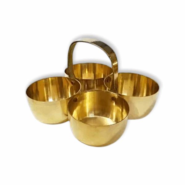 Brass Chowmukh - Kumkum Haldi Holder - Brass Pooja Accessories - Small Chowmukh 4 Bowl Holder Patra