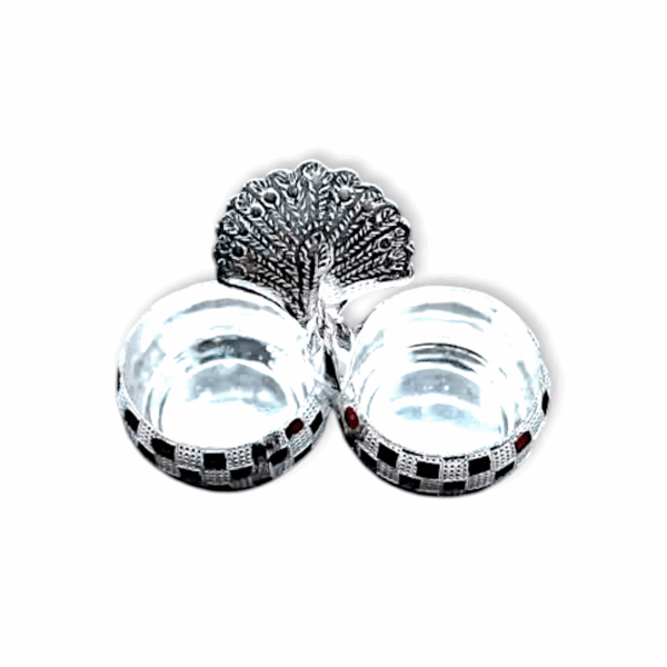 Peacock Haldi Kumkum Stand - Meenakari Design Haldi Kumkum Holder - Made of German Silver - Image 3