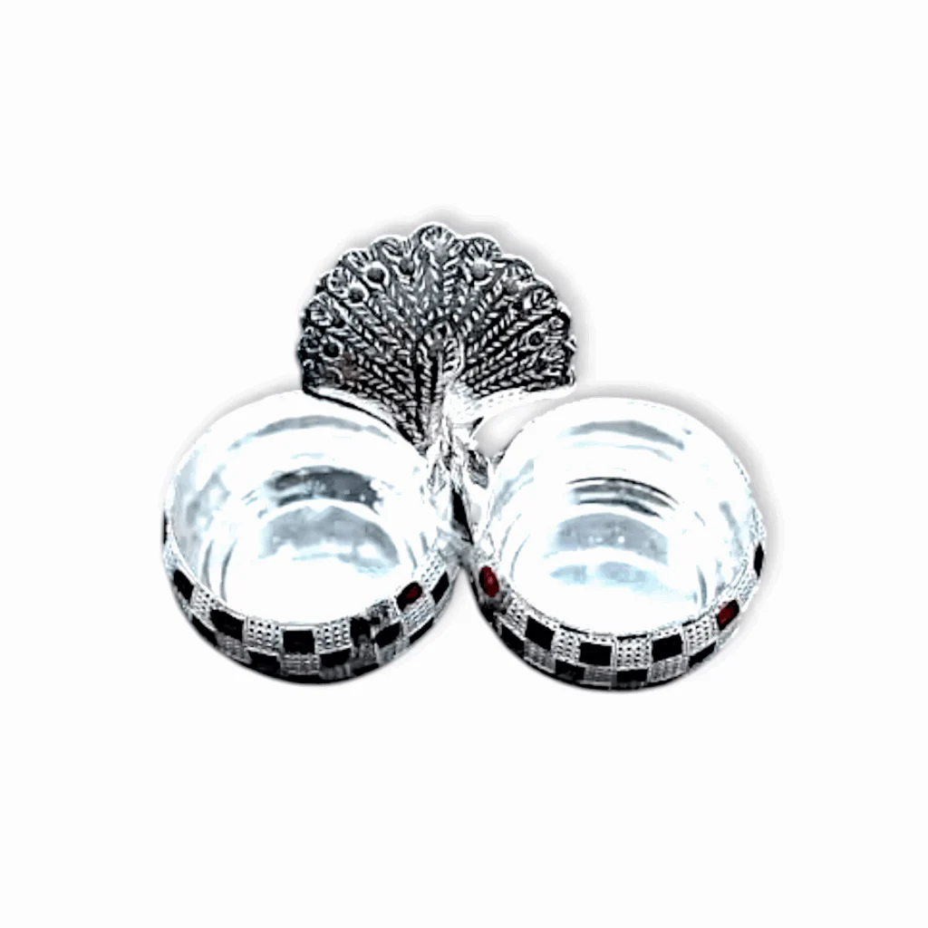 Peacock Haldi Kumkum Stand - Meenakari Design Haldi Kumkum Holder - Made of German Silver - Image 3