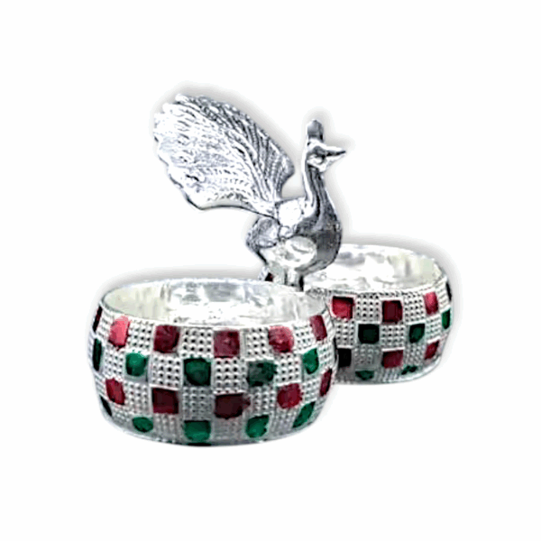 Peacock Haldi Kumkum Stand - Meenakari Design Haldi Kumkum Holder - Made of German Silver - Image 2