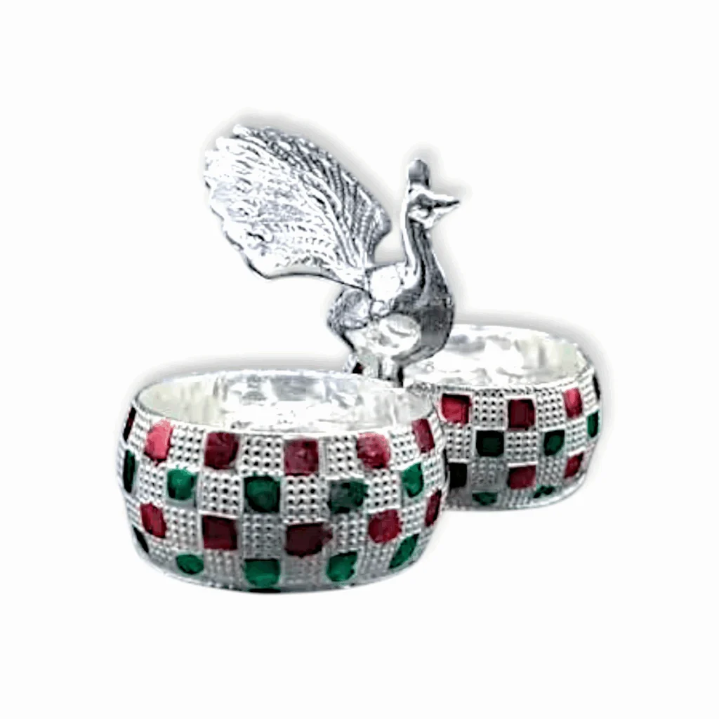 Peacock Haldi Kumkum Stand - Meenakari Design Haldi Kumkum Holder - Made of German Silver - Image 2