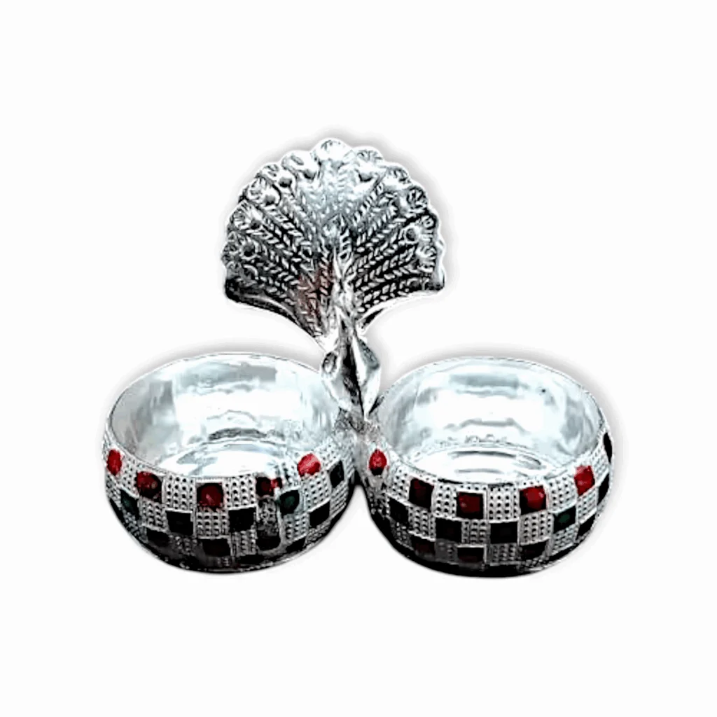 Peacock Haldi Kumkum Stand - Meenakari Design Haldi Kumkum Holder - Made of German Silver