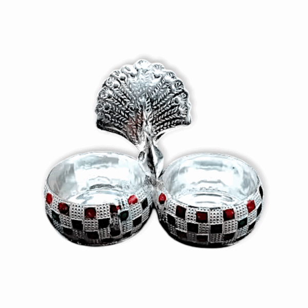 Peacock Haldi Kumkum Stand - Meenakari Design Haldi Kumkum Holder - Made of German Silver