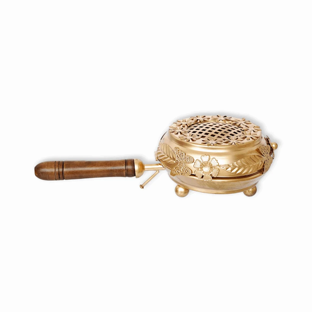 Metal Incense Burner Butterfly Dhoop Dani - Dhoop Stand - Incense Loban Burner with Wooden Handle - For Home, Temple, Office