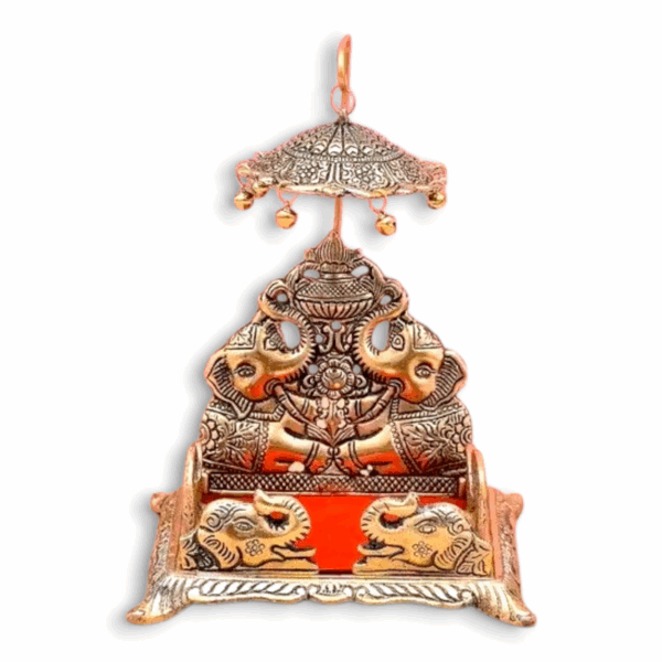 Gold Throne Chowki With Velvet Seat And Canopy Chatra - Nand Gopal Palana - Hindola For Laddu Gopal, Laxmi Ji And Ganesha Ji