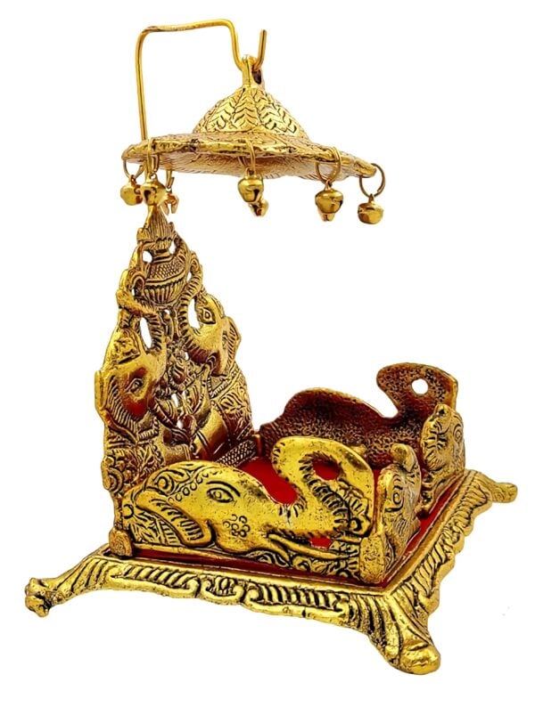 Gold Throne Chowki With Velvet Seat And Canopy Chatra - Nand Gopal Palana - Hindola For Laddu Gopal, Laxmi Ji And Ganesha Ji - Image 3