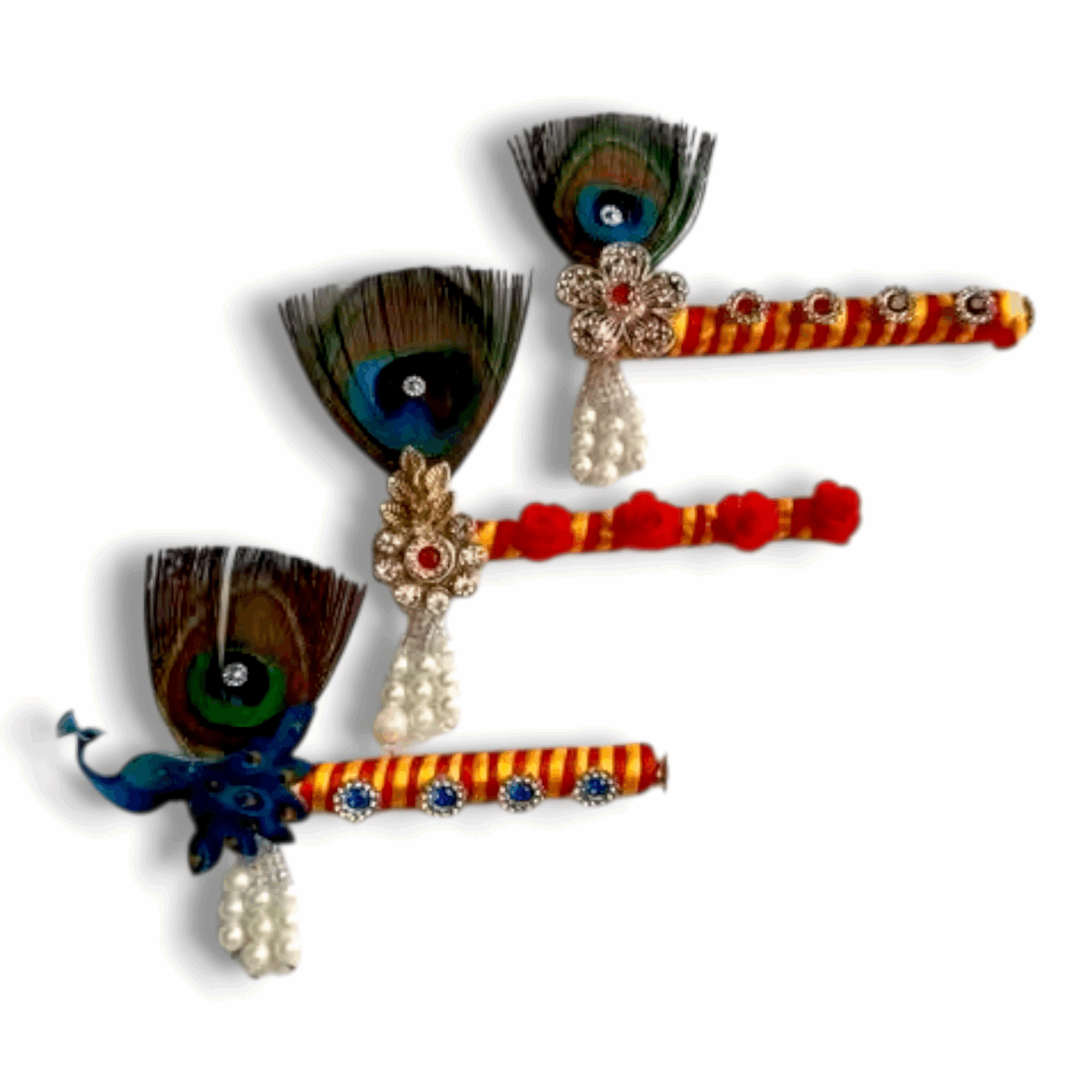 God Krishna Flute Special Peacock Design - Basuri For Gopal - Laddu Gopal Ji Special Flute - Mauor Basuri for krishna - Set Of 3 Basuri