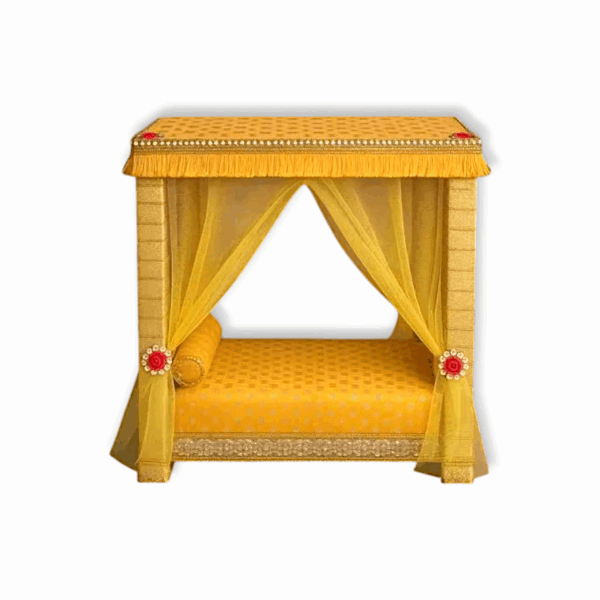 Kanha Ji Bed - Laddu Gopal Singhasan - Yellow Colour Bed with Net for Laddu Gopal Size 0 to 2 - Image 3