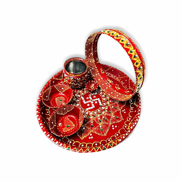 Karwa Chauth Thali Set - Karwa Chauth Pooja Thali Set - Home Decor Stainless Steel Karwa Chauth Puja thali Set - for Pooja at Home & Temple