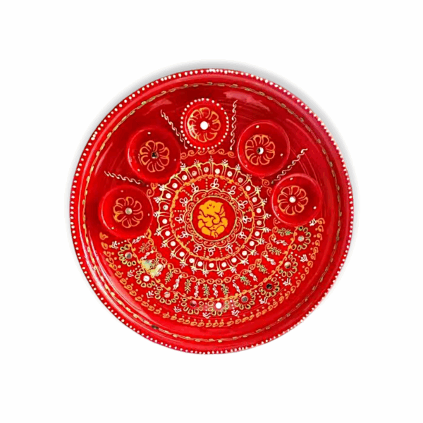 Ganesh Pooja Aarti Thali Set with Diya - Haldi Kumkum Holder - Roli Chawal Plate -  Decorative Stainless Steel Hand Paint Ganesha Pooja Aarti Thali Set - Image 2