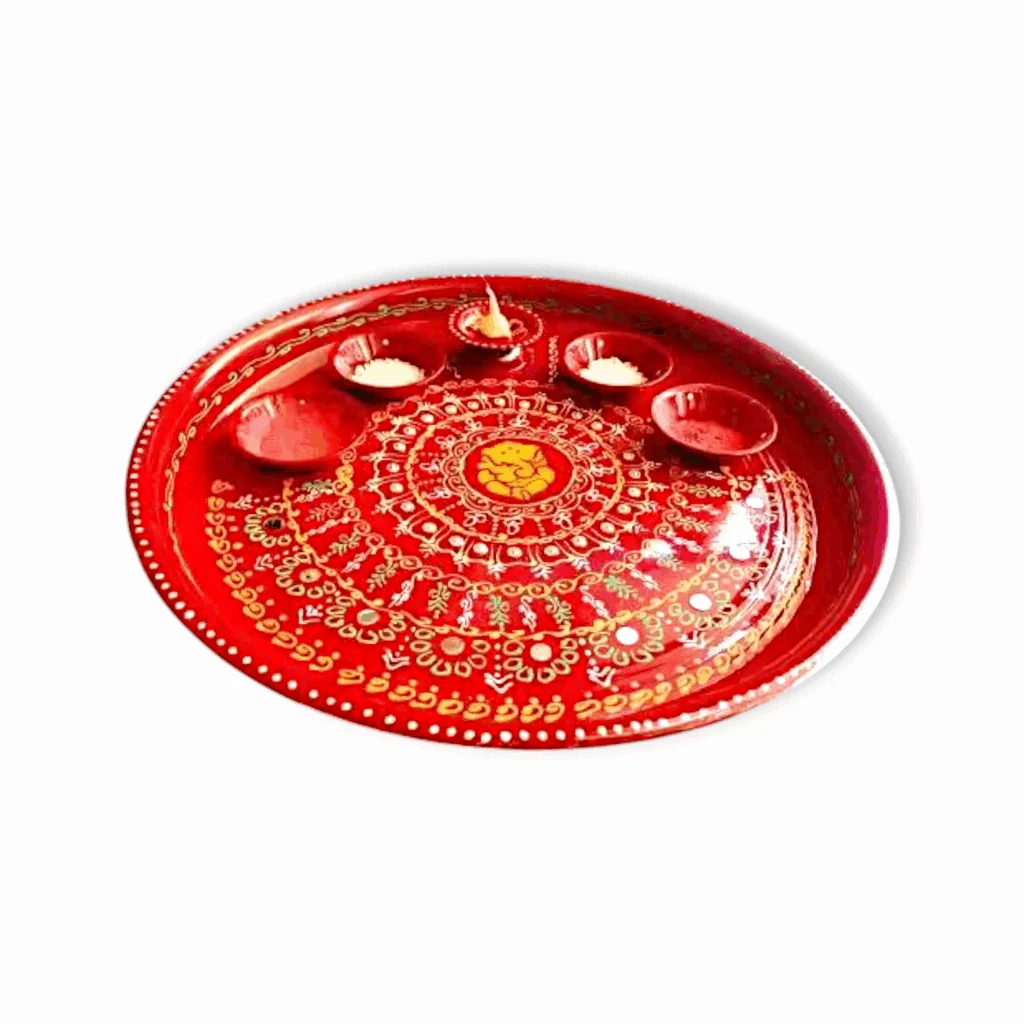 Ganesh Pooja Aarti Thali Set with Diya - Haldi Kumkum Holder - Roli Chawal Plate - Decorative Stainless Steel Hand Paint Ganesha Pooja Aarti Thali Set