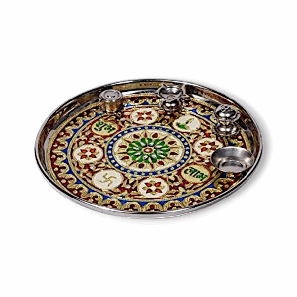 Decorative Pooja Thali -  Pooja Tray - Stainless Steel Pooja Thal - Puja thali Set with Incense Holder - Multicolour Puja Thali - Image 2