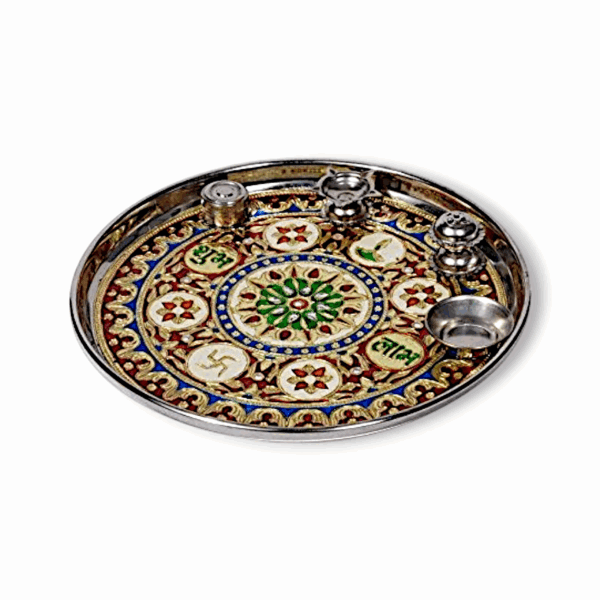Decorative Pooja Thali -  Pooja Tray - Stainless Steel Pooja Thal - Puja thali Set with Incense Holder - Multicolour Puja Thali - Image 2