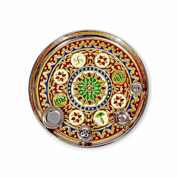 Decorative Pooja Thali -  Pooja Tray - Stainless Steel Pooja Thal - Puja thali Set with Incense Holder - Multicolour Puja Thali