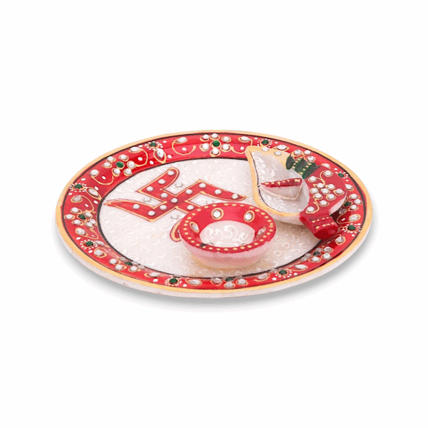 Handicraft Marble Pooja Thali -  Roli Rice Chopra Set for Wedding Gift, Raksha Bandhan, Bhai Dooj, Tilak Tika Function - Image 3