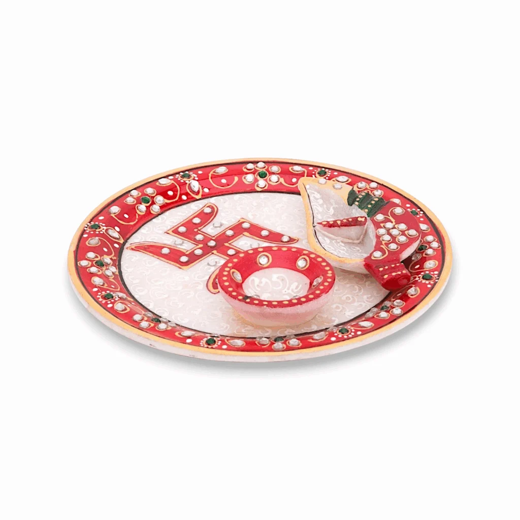 Handicraft Marble Pooja Thali - Roli Rice Chopra Set for Wedding Gift, Raksha Bandhan, Bhai Dooj, Tilak Tika Function - Image 3