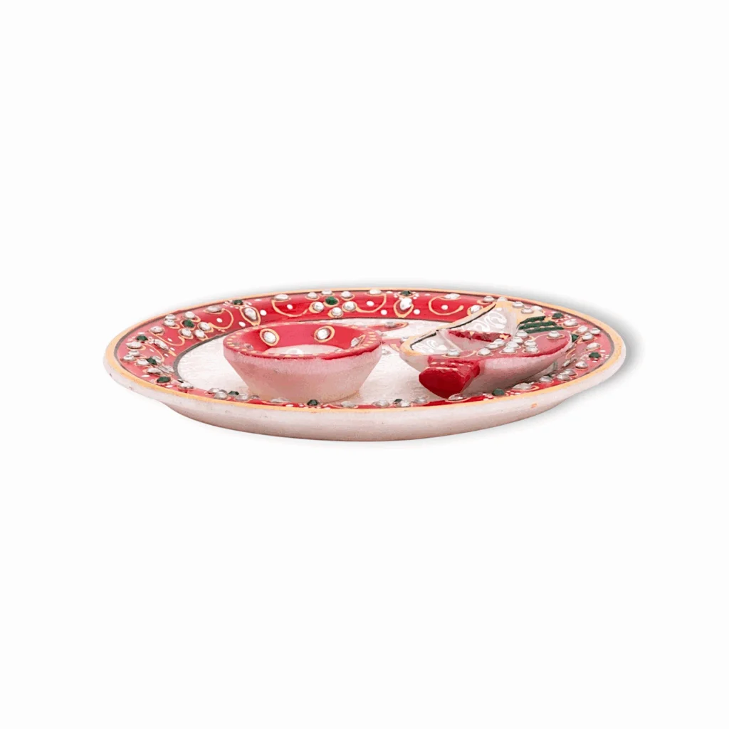 Handicraft Marble Pooja Thali - Roli Rice Chopra Set for Wedding Gift, Raksha Bandhan, Bhai Dooj, Tilak Tika Function - Image 2