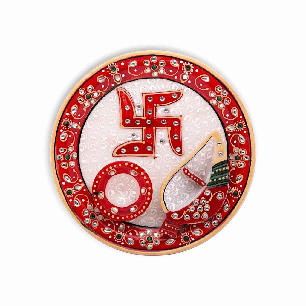 Handicraft Marble Pooja Thali - Roli Rice Chopra Set for Wedding Gift, Raksha Bandhan, Bhai Dooj, Tilak Tika Function