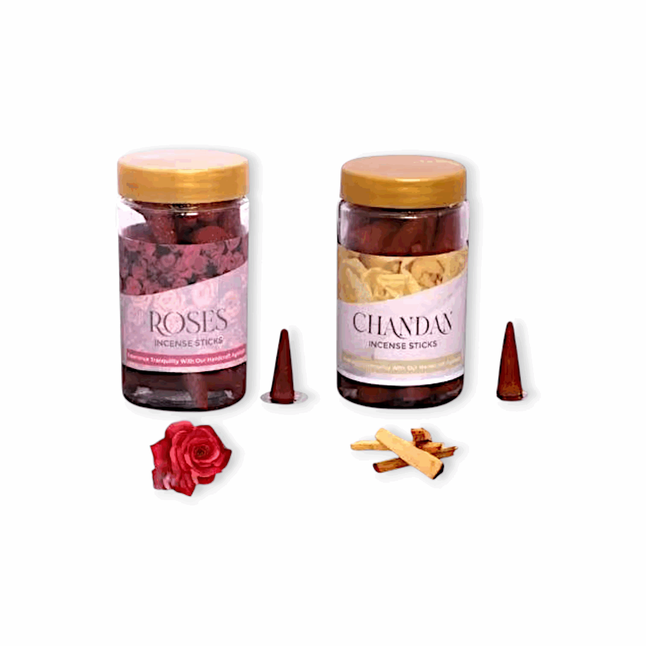 Chandan & Rose Flavour Organic BambooLess Incense Cones - No Charcoal with 1 Free Incense Holder - Set of 1 for Pooja Combo Pack