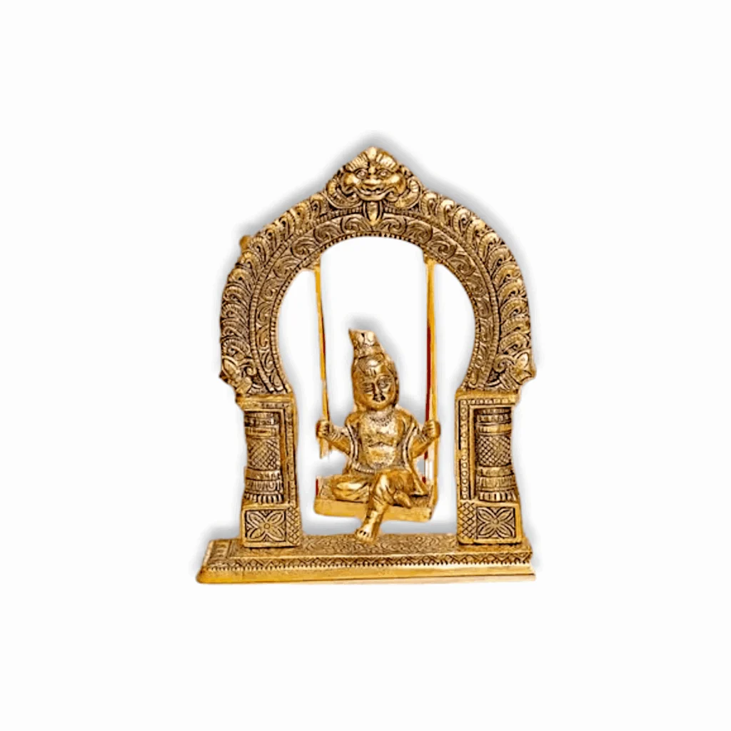 Laddu Gopal Metal Jhula - Gold Plated Lord Krishna Jhula - Puja Murti for Home and Temple Decoration