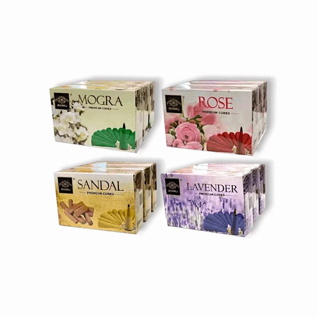 Incense Dhoop Cone - 12 Boxes 4 Fragrance Rose , Sandal , Lavender and Mogra - Pooja Dhup Cones Dry Cone Combo - 12 Cones Each Box