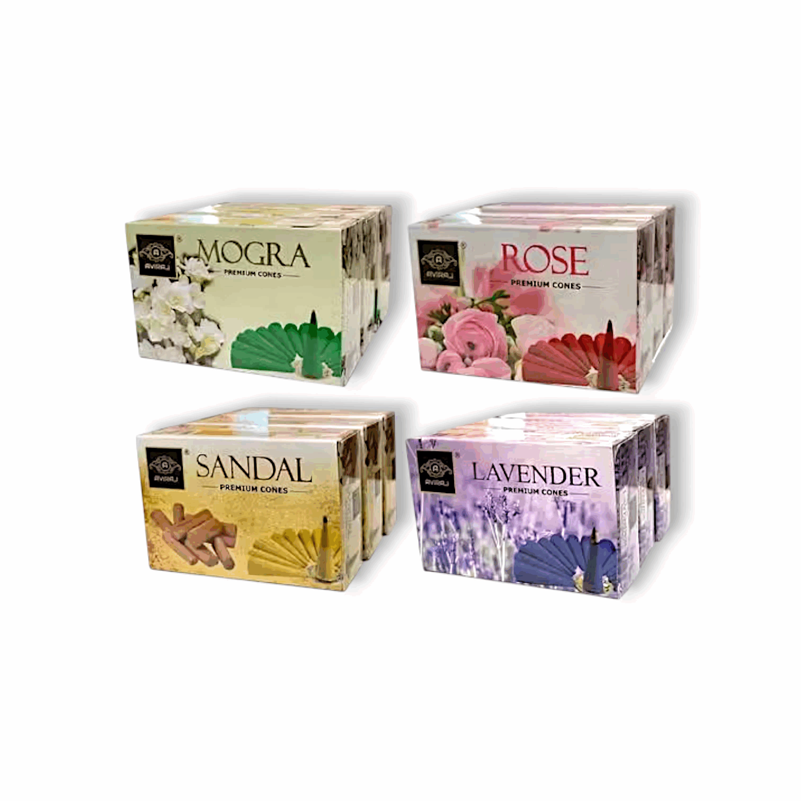 Incense Dhoop Cone - 12 Boxes 4 Fragrance Rose , Sandal , Lavender and Mogra - Pooja Dhup Cones Dry Cone Combo -  12 Cones Each Box