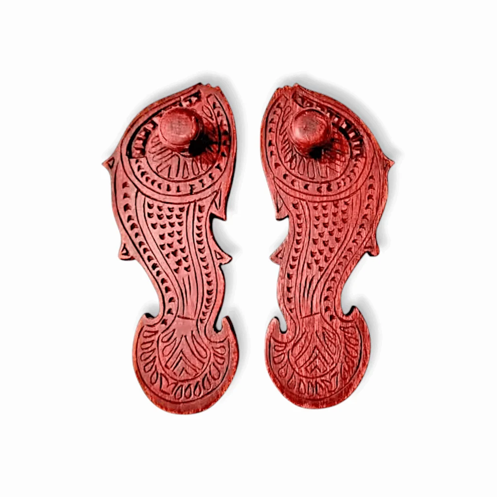 Handcrafted Wooden Khadau - Wooden Slippers - Wooden Paduka - Fish Shaped Charan Paduka, Khadau Hinduism Pooja Item