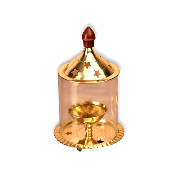 Brass Akhanda Deep Diya - Golden Akhand Deep Diya WIth Cover - High Quality Brass, Glass Table Diya, Decorative Diya - Image 3