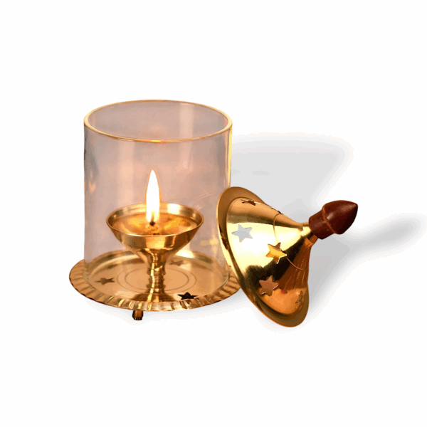 Brass Akhanda Deep Diya - Golden Akhand Deep Diya WIth Cover - High Quality Brass, Glass Table Diya, Decorative Diya - Image 2