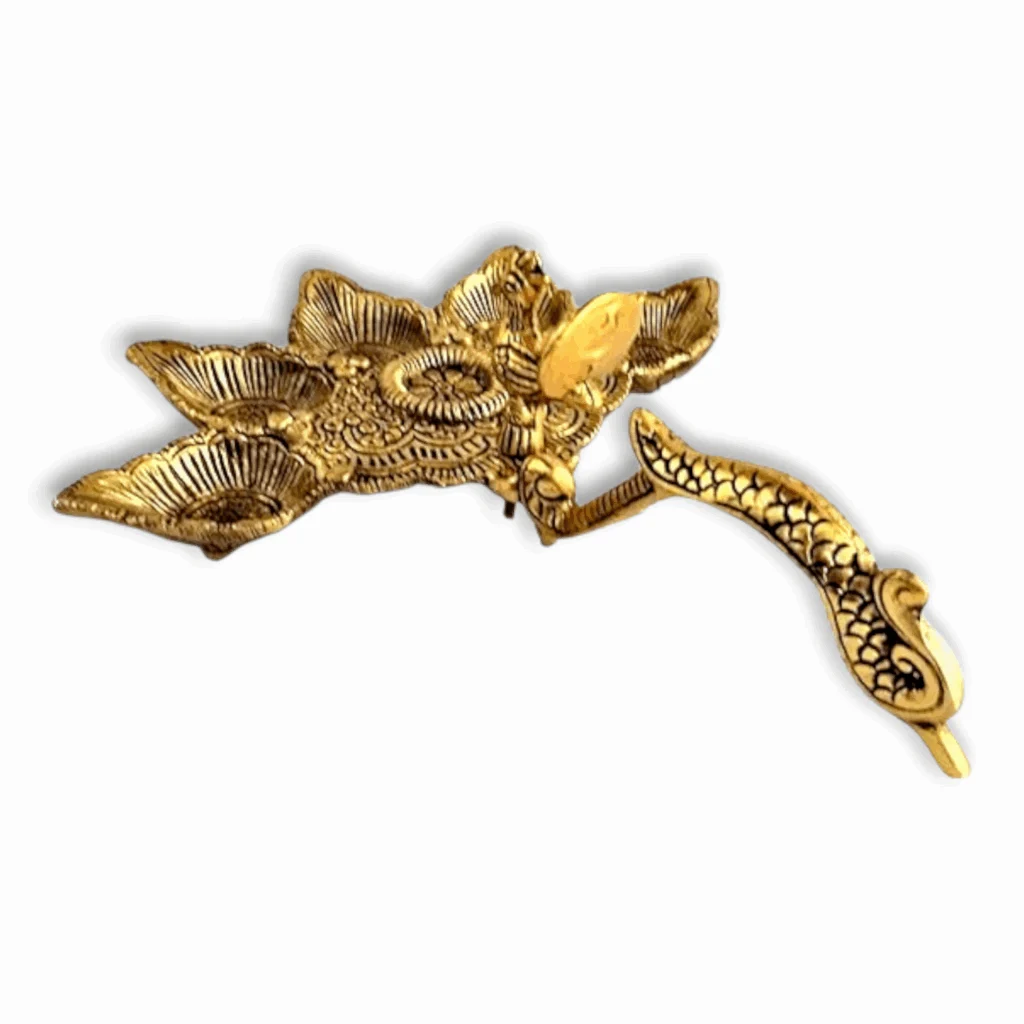 Metal Pancharti Brass Diya Oil Lamp - Golden Color - Antique Handheld Diya for Mandir Aarti Puja - Image 2