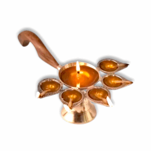 Brass Panchmukhi Arti With Wooden Handle For Pooja - 5 Batti Deepam -Diya For Mandir Aarti Puja