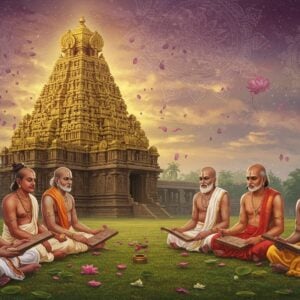 An ethereal scene depicting an ancient Tamil temple surrounded by lush greenery, with the temple's intricate carvings and architecture highlighted under a soft, golden glow. In the foreground, a group of serene, enlightened Azhwar poet-saints is seated in a meditative pose, their expressions calm and focused. They are adorned in traditional Tamil attire with subtle gold accents, holding palm leaf manuscripts. The background features a surreal and spiritual aura with glowing mandalas and gently floating lotus petals in soft pastel hues. The atmosphere is peaceful and contemplative, capturing the essence of spirituality and devotion associated with the 4000 Divya Prabandham. The overall art style merges traditional elements with modern digital aesthetics, using rich colors like maroon and peacock blue.