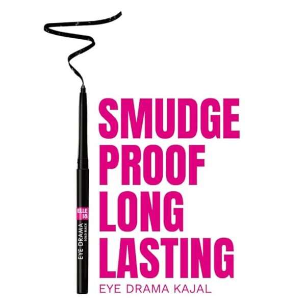 Elle 18 Eye Drama Kajal - Super Black - Smudgeproof & Waterproof - Super Black Matte Finish Deep Black - Image 2