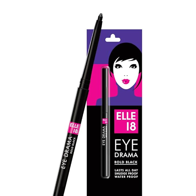 Elle 18 Eye Drama Kajal - Super Black - Smudgeproof & Waterproof - Super Black Matte Finish Deep Black