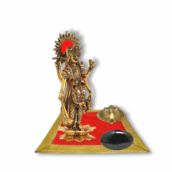 Chaturbahu Vishnu Standing at Lotus Golden Idol - Narayan Standing on Lotus Flower - Handmade Oxidized White Metal Golden Statue - Saligram Shila -Stone - Handcrafted Red Velvet Pooja Aasan - Image 3