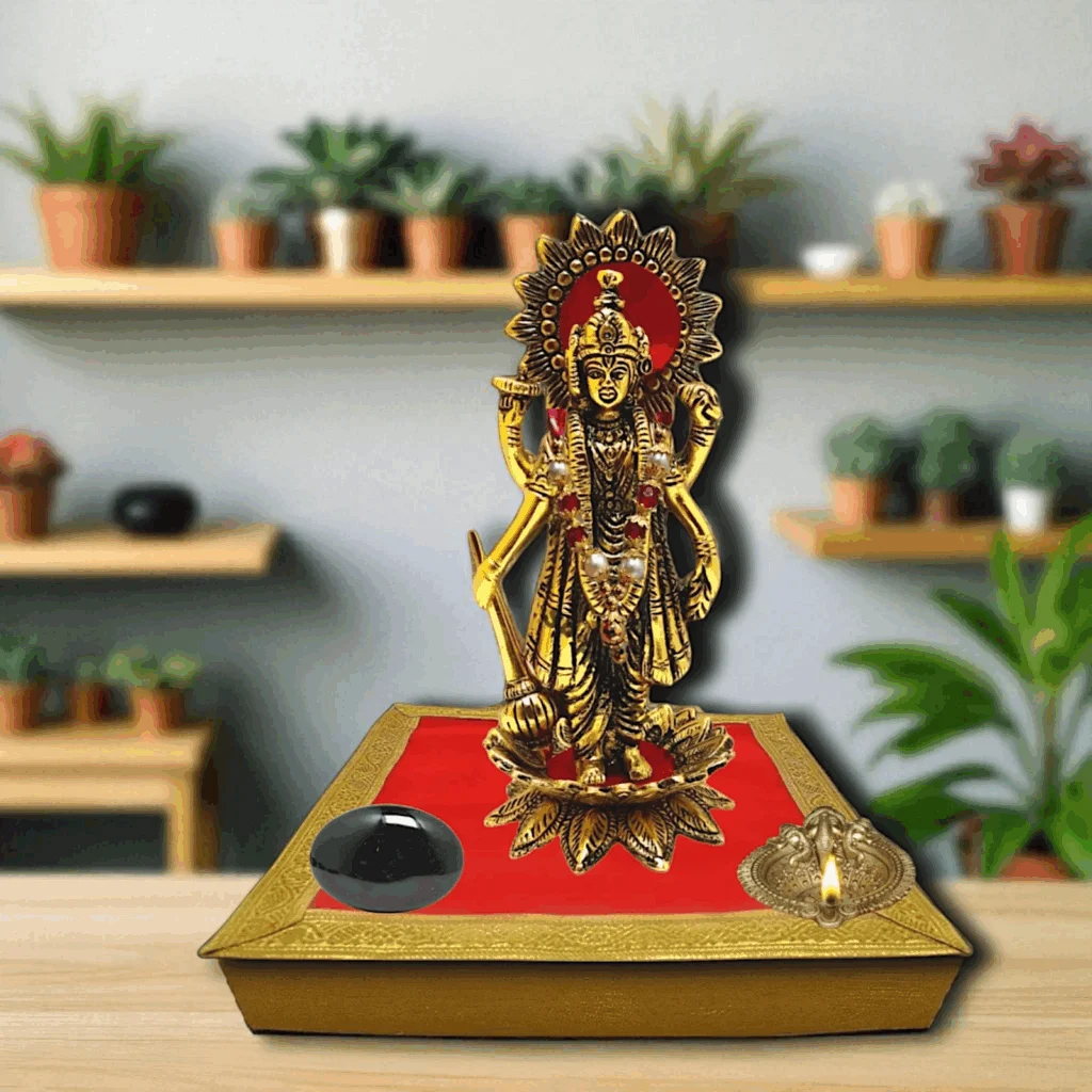 Chaturbahu Vishnu Standing at Lotus Golden Idol - Narayan Standing on Lotus Flower - Handmade Oxidized White Metal Golden Statue - Saligram Shila -Stone - Handcrafted Red Velvet Pooja Aasan - Image 2