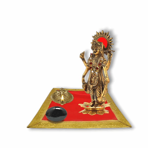 Chaturbahu Vishnu Standing at Lotus Golden Idol - Narayan Standing on Lotus Flower - Handmade Oxidized White Metal Golden Statue - Saligram Shila -Stone - Handcrafted Red Velvet Pooja Aasan - Image 4