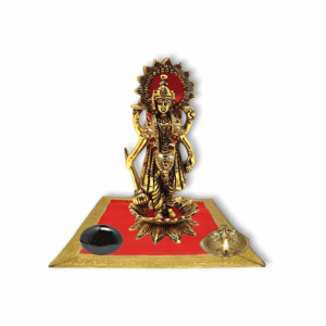 Chaturbahu Vishnu Standing at Lotus Golden Idol - Narayan Standing on Lotus Flower - Handmade Oxidized White Metal Golden Statue - Saligram Shila -Stone - Handcrafted Red Velvet Pooja Aasan