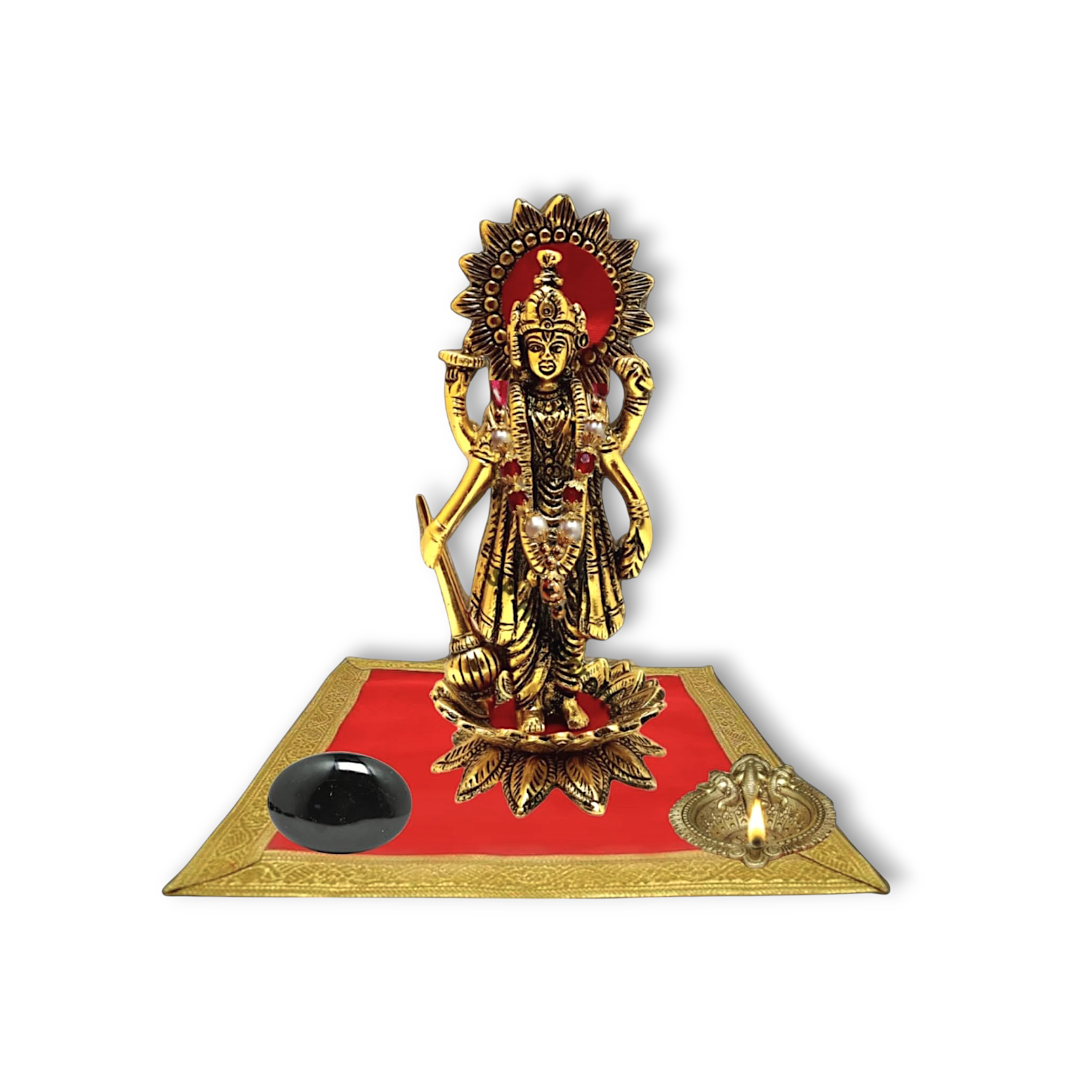 Chaturbahu Vishnu Standing at Lotus Golden Idol - Narayan Standing on Lotus Flower - Handmade Oxidized White Metal Golden Statue - Saligram Shila -Stone - Handcrafted Red Velvet Pooja Aasan