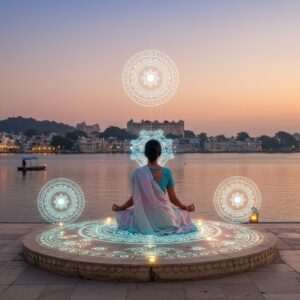 A serene and ethereal depiction of Udaipur in 2025, with the iconic Lake Pichola reflecting the soft glow of a setting sun. In the foreground, an Indian woman in a flowing, pastel-colored saree meditates gracefully on a lotus platform. Surrounding her are glowing mandalas and subtle, intricate patterns reminiscent of traditional Indian art forms. The cityscape in the background is enhanced with a modern aesthetic, featuring architectural highlights like the City Palace, blended harmoniously with spiritual motifs. Soft, warm lighting casts a tranquil atmosphere, inviting viewers into a world of mindfulness and spiritual exploration. The scene is imbued with a sense of peace, spirituality, and modernity, perfect for enticing readers into a conscious journey through Udaipur.