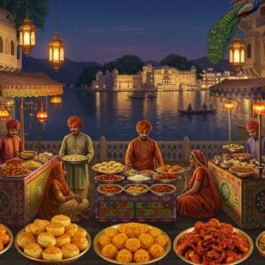 An enchanting evening scene of a bustling street in Udaipur, illuminated by the warm glow of traditional lanterns and modern streetlights. Vendors in colorful, traditional Rajasthani attire serve an array of local delicacies from vibrant stalls, each adorned with intricate patterns reflecting Indian art forms. The air is filled with the aroma of spices, and the scene captures dishes like dal baati churma, ghevar, and laal maas beautifully presented on ornate platters. The background features the iconic Lake Pichola with the shimmering reflection of palaces, while peacock motifs subtly blend into the scene, adding a cultural touch. The image exudes warmth, inviting viewers to immerse themselves in Udaipur's rich culinary tapestry. Art style should be modern digital with elements of traditional Indian aesthetics, featuring rich colors like saffron, maroon, and deep blue.