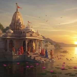 A serene, ethereal scene depicting the sacred city of Udaipur, with the iconic Lake Pichola reflecting the golden hues of the setting sun. In the foreground, a beautifully detailed Hindu temple with traditional architectural elements and intricate carvings stands majestically. Devotees in colorful Indian attire engage in pooja rituals on the temple steps, surrounded by glowing lotus flowers floating on the water. The atmosphere is tranquil and spiritual, enhanced by soft, glowing pastel lights emanating from the mandalas adorning the temple walls. A modern touch is introduced through digital aesthetics blending seamlessly with traditional art styles, featuring rich colors like saffron, maroon, and peacock blue. The composition captures the essence of pilgrimage, spirituality, and heritage in Udaipur, enticing readers to delve deeper into the article.