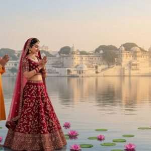 A serene scene of Udaipur's City Palace glowing in the soft light of a setting sun, with reflections dancing on the calm waters of Lake Pichola. In the foreground, an intricately detailed Indian couple dressed in elegant traditional attire - the woman in a maroon lehenga with gold embroidery, and the man in a saffron kurta - stand in reverent prayer. They are surrounded by floating lotus flowers, and distant silhouettes of temples and ancient ghats can be seen along the water's edge. The sky is awash with pastel hues, creating an ethereal atmosphere that blends tradition with a modern digital art style. The overall tone is one of tranquility and devotion, inviting the viewer to embark on a spiritual journey through Udaipur.