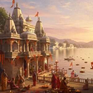 A vibrant and immersive scene of Udaipur, showcasing a bustling street filled with colorful decorations for a festival. In the foreground, an ancient, intricately carved temple with tall, majestic spires adorned with marigold garlands. Pilgrims dressed in traditional Indian attire in hues of saffron, maroon, and peacock blue are seen engaged in prayer and rituals. In the background, the serene waters of Lake Pichola reflect the glow of soft golden lights from floating diyas. The sky is a blend of pastel pink and warm gold, with ethereal patterns of mandalas subtly visible. The overall atmosphere is festive and spiritual, with a sense of harmony and reverence. The art style is a fusion of traditional Indian motifs and modern digital aesthetics, emphasizing the cultural richness and spiritual essence of Udaipur.