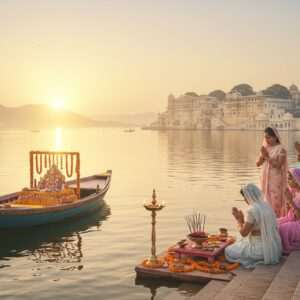 A serene scene of Udaipur's Lake Pichola at sunrise, with the golden rays of the sun casting a warm glow over the tranquil waters. In the foreground, a traditional Indian boat gently floats, adorned with marigold garlands and a small altar with incense and a lit diya (lamp). The majestic City Palace is visible in the background, its intricate architecture reflecting in the shimmering lake. A group of Indian women in pastel-colored sarees stand by the water's edge, hands folded in prayer, their faces serene and contemplative. The scene is imbued with a sense of peace and spirituality, enhanced by soft, ethereal lighting and a pastel color palette of warm golds, soft blues, and pale pinks. The art style is a harmonious blend of traditional Indian elements and modern digital aesthetics, capturing the essence of Udaipur's spiritual allure.