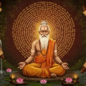 An ethereal Indian sage with a serene expression, sitting in a meditative pose amidst a tranquil garden. The sage is surrounded by ancient scrolls and palm leaf manuscripts, subtly glowing with mystical energy. The backdrop features a large, intricately detailed mandala composed of Sanskrit script, softly illuminated in warm gold and maroon hues. Lotus flowers and gentle streams of water enhance the serene atmosphere. The sage is dressed in traditional Indian attire with subtle modern elements, and the setting is enriched with patterns reminiscent of Madhubani and Pattachitra art. The overall scene conveys a sense of timeless wisdom and spiritual tranquility, inviting the viewer into the world of ancient Indian philosophy.